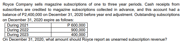 Royce Company sells magazine subscriptions of one to three year periods. Cash receipts from
subscribers are credited to magazine subscriptions collected in advance, and this account had a
balance of P2,400,000 on December 31, 2020 before year end adjustment. Outstanding subscriptions
on December 31, 2020 expire as follows:
During 2021
During 2022
During 2023
P 600,000
900,000
400,000
On December 31, 2020, what amount should Royce report as unearned subscription revenue?