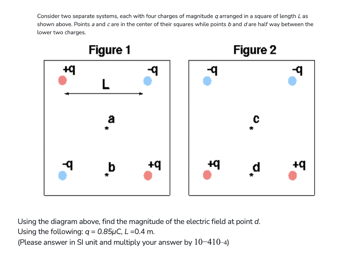 Consider two separate systems, each with four charges of magnitude q arranged in a square of length Las
shown above. Points a and care in the center of their squares while points b and dare half way between the
lower two charges.
Figure 1
Figure 2
L
+q
-9
a
*
b
-9
+q
-9
+q
Using the diagram above, find the magnitude of the electric field at point d.
Using the following: q = 0.85μC, L =0.4 m.
(Please answer in Sl unit and multiply your answer by 10-410-4)
--9
+q