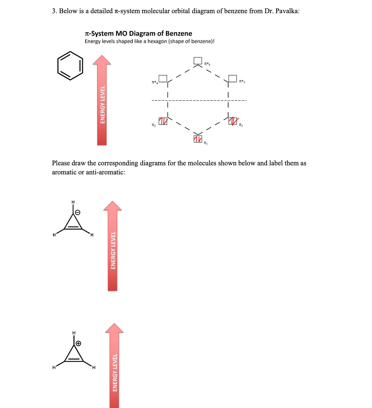 3. Below is a detailed -system molecular orbital diagram of benzene from Dr. Pavalka:
H
H
H
T-System MO Diagram of Benzene
Energy levels shaped like a hexagon (shape of benzene)!
H
H
ENERGY LEVEL
H
Please draw the corresponding diagrams for the molecules shown below and label them as
aromatic or anti-aromatic:
ENERGY LEVEL
T*₁
ENERGY LEVEL
T₂
T*6
π1
TT*
tox.