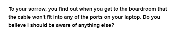 To your sorrow, you find out when you get to the boardroom that
the cable won't fit into any of the ports on your laptop. Do you
believe I should be aware of anything else?