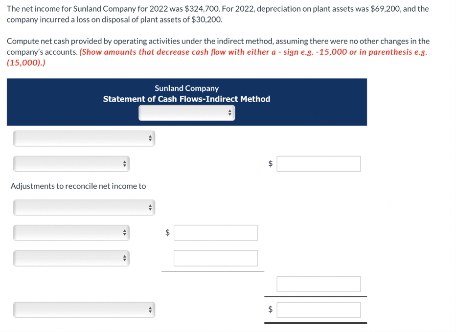 The net income for Sunland Company for 2022 was $324,700. For 2022, depreciation on plant assets was $69,200, and the
company incurred a loss on disposal of plant assets of $30,200.
Compute net cash provided by operating activities under the indirect method, assuming there were no other changes in the
company's accounts. (Show amounts that decrease cash flow with either a - sign e.g. -15,000 or in parenthesis e.g.
(15,000).)
Sunland Company
Statement of Cash Flows-Indirect Method
Adjustments to reconcile net income to
«
+
LA
LA
$
tA