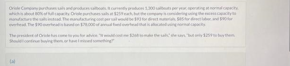 Oriole Company purchases sails and produces sailboats. It currently produces 1,300 sailboats per year, operating at normal capacity.
which is about 80% of full capacity, Oriole purchases sails at $259 each, but the company is considering using the excess capacity to
manufacture the sails instead. The manufacturing cost per sail would be $93 for direct materials. $85 for direct labor, and $90 for
overhead. The $90 overhead is based on $78,000 of annual fixed overhead that is allocated using normal capacity,
The president of Oriole has come to you for advice. "It would cost me $268 to make the sails," she says, "but only $259 to buy them.
Should I continue buying them, or have I missed something?
(a)