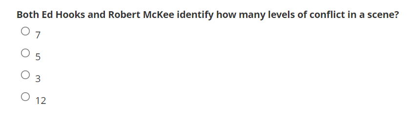 Both Ed Hooks and Robert McKee identify how many levels of conflict in a scene?
7
O 5
O 3
O 12
