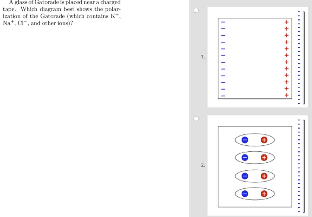 A glass of Gatorade is placed near a charged
tape. Which diagram best shows the polar-
ization of the Gatorade (which contains K+,
Na+, Cl¯, and other ions)?
1.
+
2.
