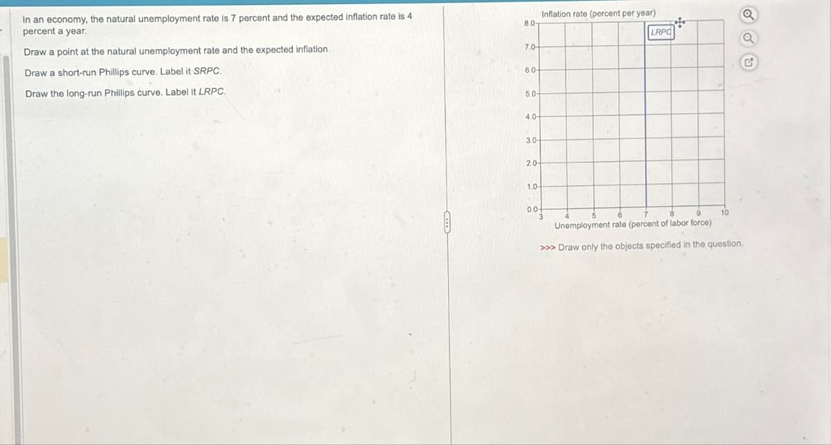 In an economy, the natural unemployment rate is 7 percent and the expected inflation rate is 4
percent a year.
Draw a point at the natural unemployment rate and the expected inflation.
Draw a short-run Phillips curve. Label it SRPC
Draw the long-run Phillips curve. Label it LRPC.
Inflation rate (percent per year)
8.0-
LRPO
7.0
6.0
5.0-
4.0-
3.0
20
1.0-
0.0+
3
6
10
Unemployment rate (percent of labor force)
>>> Draw only the objects specified in the question.
G