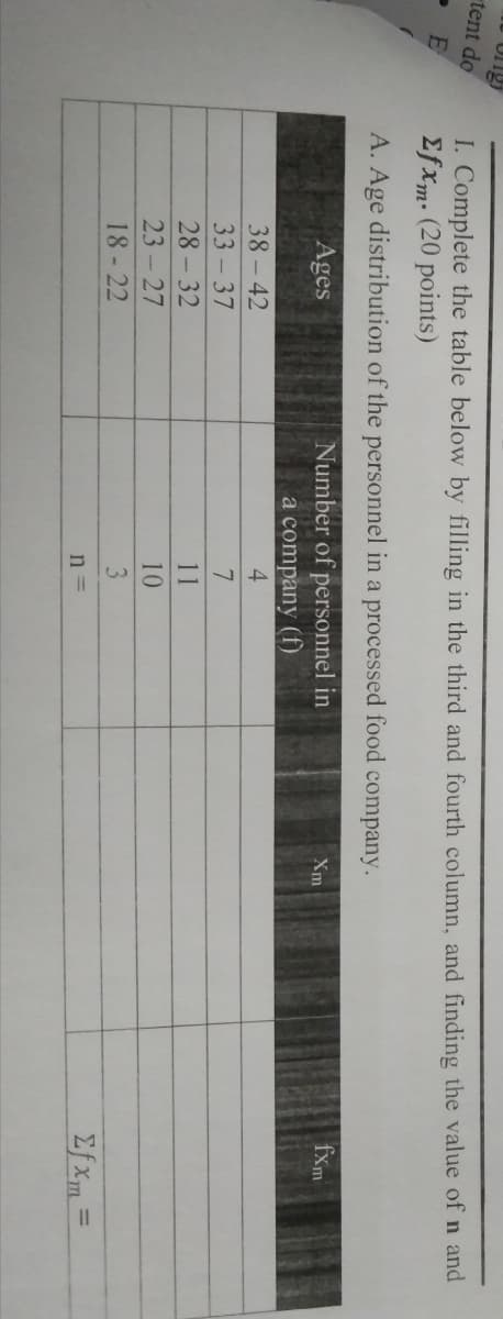 tent do
I. Complete the table below by filling in the third and fourth column, and finding the value of n and
Ef xm- (20 points)
A. Age distribution of the personnel in a processed food company.
fXm
Ages
Number of personnel in
Xm
a company (f)
4
38-42
33 -37
7.
28-32
11
23 27
10
18-22
3
Ef Xm =
n =
