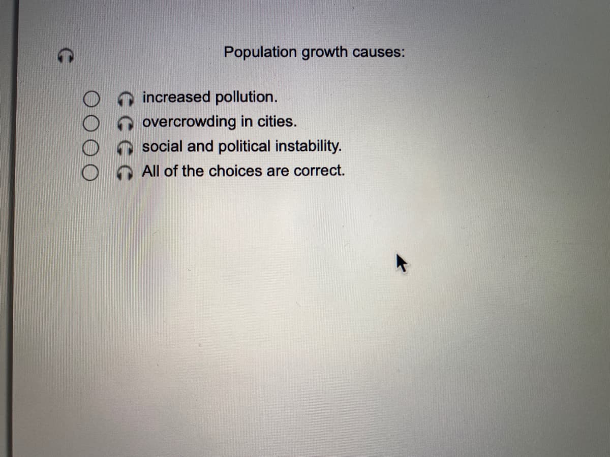 Population growth causes:
increased pollution.
overcrowding in cities.
social and political instability.
All of the choices are correct.
