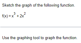 Sketch the graph of the following function.
f(x)=x³ + 2x²
Use the graphing tool to graph the function.