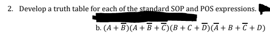 2. Develop a truth table for each of the standard SOP and POS expressions.
b. (A +
B)(A+B+C)(B+C + D) (A + B + C + D)