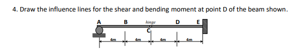 4. Draw the influence lines for the shear and bending moment at point D of the beam shown.
В
hinge
D
4m
4m
4m
4m
