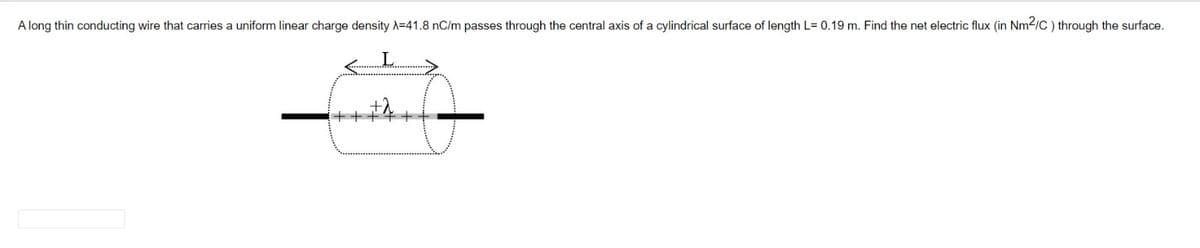 A long thin conducting wire that carries a uniform linear charge density A=41.8 nC/m passes through the central axis of a cylindrical surface of length L= 0.19 m. Find the net electric flux (in Nm²/C ) through the surface.
+++4 +
