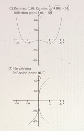 C) Rel max: (0,0), Rel min: (108, - 54)
Inflection point: (s6, – 10)
400+
200
20
40
20 X
-200+
400+
D) No extrema
Inflection point: (0, 0)
400+
200
%+
20X
20
-10
10
200
400
