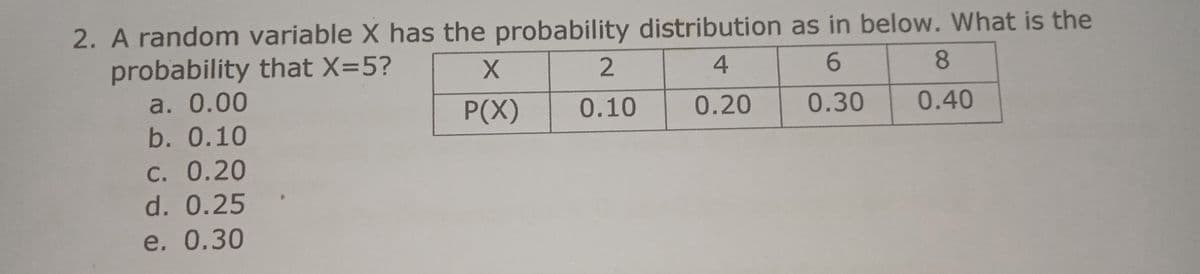 2. A random variable X has the probability distribution as in below. What is the
probability that X=5?
2
4
6.
8
a. 0.00
b. 0.10
P(X)
0.10
0.20
0.30
0.40
C. 0.20
d. 0.25
e. 0.30
