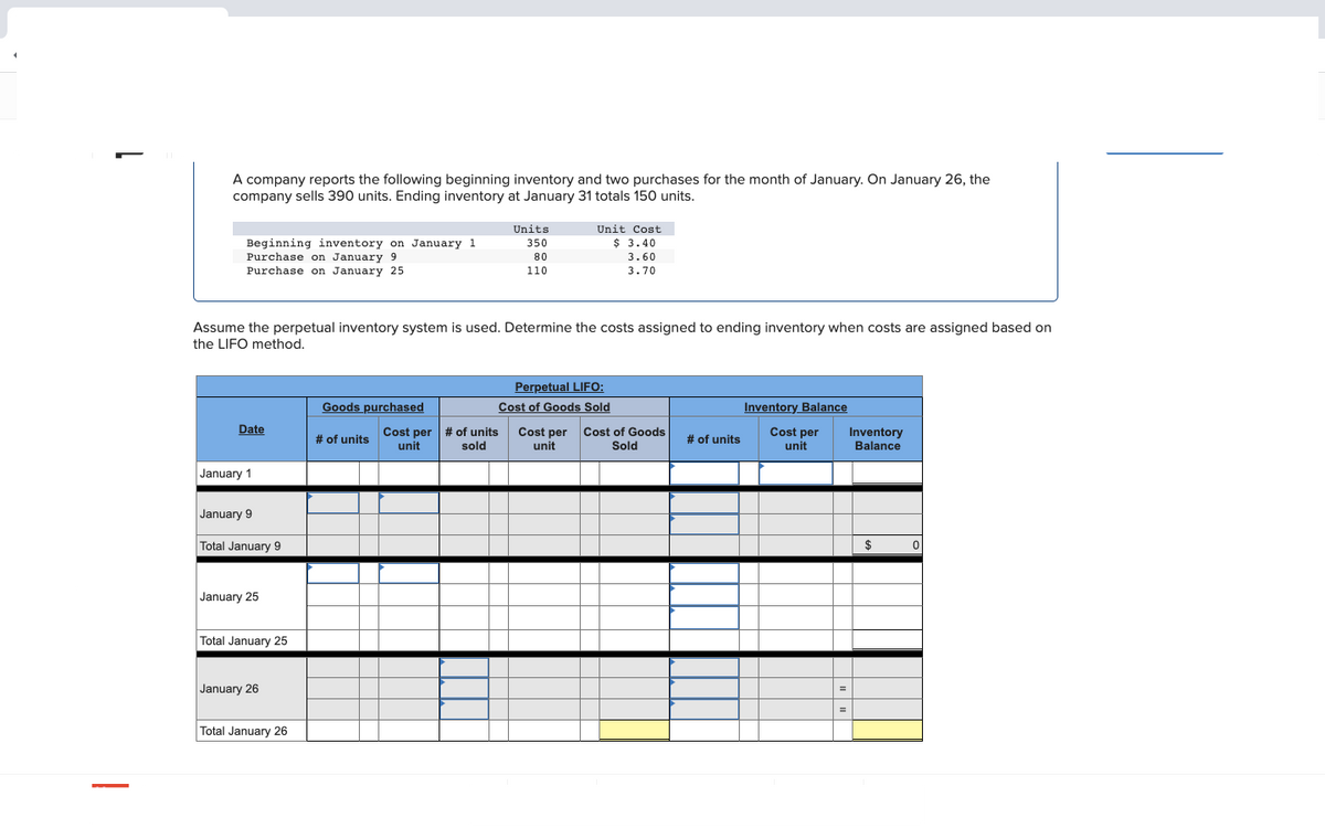 A company reports the following beginning inventory and two purchases for the month of January. On January 26, the
company sells 390 units. Ending inventory at January 31 totals 150 units.
Beginning inventory on January 1
Purchase on January 9
Purchase on January 25
Date
Assume the perpetual inventory system is used. Determine the costs assigned to ending inventory when costs are assigned based on
the LIFO method.
January 1
January 9
Total January 9
January 25
Total January 25
January 26
Total January 26
Goods purchased
# of units
Units
350
80
110
Cost per # of units
unit
sold
Unit Cost
$ 3.40
3.60
3.70
Perpetual LIFO:
Cost of Goods Sold
Cost per
unit
Cost of Goods
Sold
# of units
Inventory Balance
Cost per
unit
Inventory
Balance
$
0