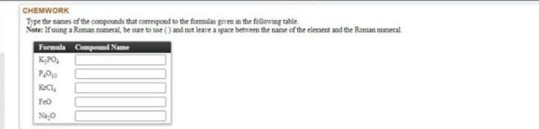 CHEMWORK
Type the names of the cempounds that correspond to the formulas given in the following table
Note: Ifusing a Roman numeral, be sure to use () and not leave a space between the name of the element and the Roman numeral.
Formula Compound Name
K,PO,
KrCl,
Feo
Na,O
