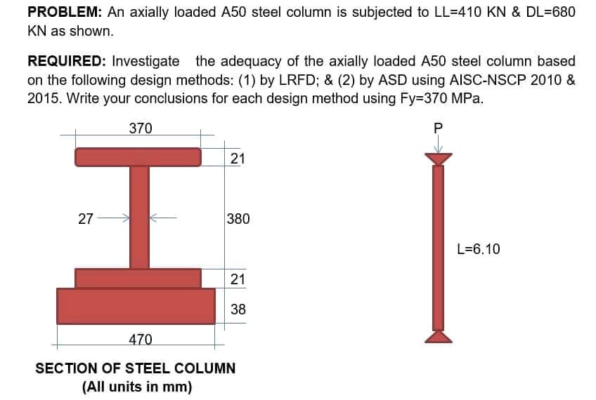 PROBLEM: An axially loaded A50 steel column is subjected to LL-410 KN & DL=680
KN as shown.
REQUIRED: Investigate the adequacy of the axially loaded A50 steel column based
on the following design methods: (1) by LRFD; & (2) by ASD using AISC-NSCP 2010 &
2015. Write your conclusions for each design method using Fy=370 MPa.
370
P
21
27
380
21
38
470
SECTION OF STEEL COLUMN
(All units in mm)
L=6.10