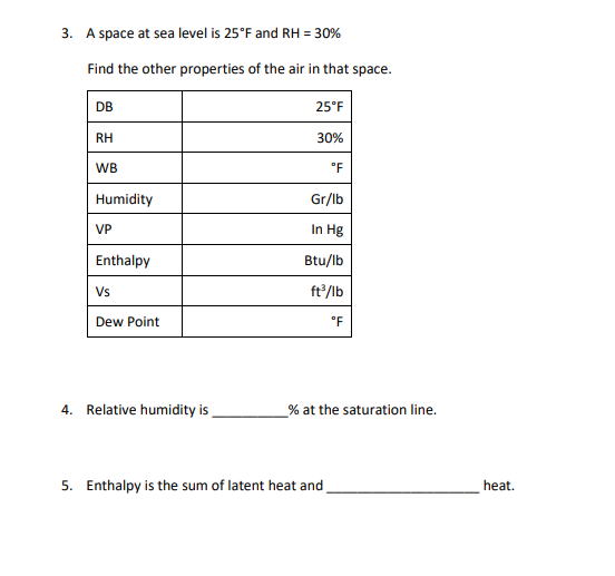 3. A space at sea level is 25°F and RH = 30%
Find the other properties of the air in that space.
DB
RH
WB
Humidity
VP
Enthalpy
Vs
Dew Point
4. Relative humidity is
25°F
30%
°F
Gr/lb
In Hg
Btu/lb
ft³/lb
5. Enthalpy is the sum of latent heat and
°F
% at the saturation line.
heat.