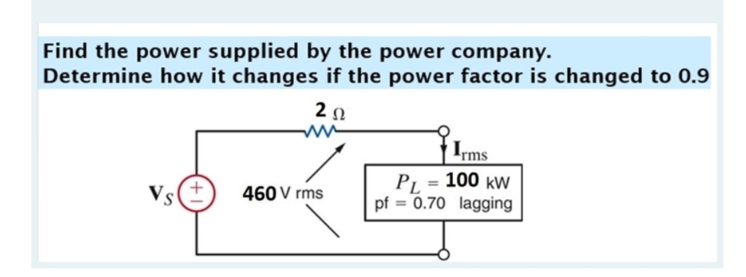 Find the power supplied by the power company.
Determine how it changes if the power factor is changed to 0.9
20
Irms
PL = 100 kW
pf = 0.70 lagging
%3D
460 V rms
