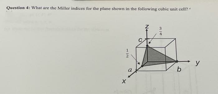 Question 4: What are the Miller indices for the plane shown in the following cubic unit cell? e
3.
4
y
1/2
