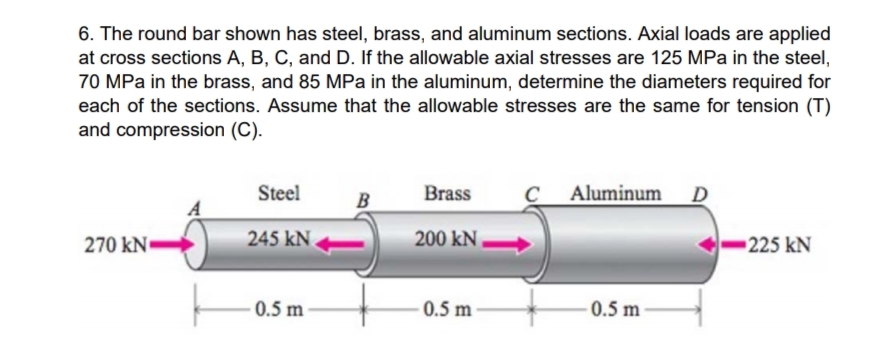 6. The round bar shown has steel, brass, and aluminum sections. Axial loads are applied
at cross sections A, B, C, and D. If the allowable axial stresses are 125 MPa in the steel,
70 MPa in the brass, and 85 MPa in the aluminum, determine the diameters required for
each of the sections. Assume that the allowable stresses are the same for tension (T)
and compression (C).
A
270 kN->
Steel
245 KN
0.5 m
B
Brass
200 kN
0.5 m
C
Aluminum
0.5 m
D
225 KN