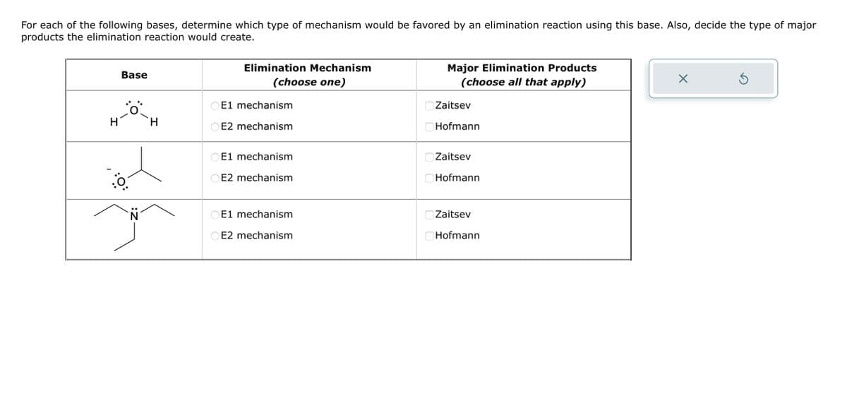 For each of the following bases, determine which type of mechanism would be favored by an elimination reaction using this base. Also, decide the type of major
products the elimination reaction would create.
H
Base
N
H
Elimination Mechanism
(choose one)
E1 mechanism
E2 mechanism
E1 mechanism
E2 mechanism
OE1 mechanism
E2 mechanism
00
00
Major Elimination Products
(choose all that apply)
Zaitsev
Hofmann
Zaitsev
Hofmann
Zaitsev
Hofmann
Ś