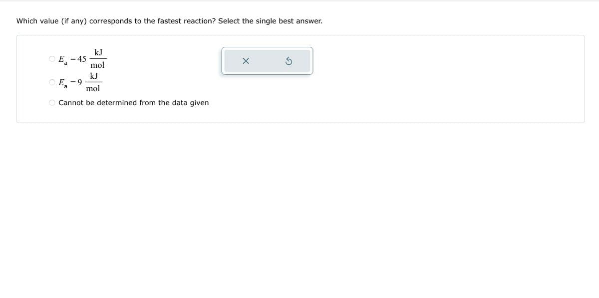 Which value (if any) corresponds to the fastest reaction? Select the single best answer.
kJ
mol
kJ
mol
Cannot be determined from the data given
E = 45
a
Ea = 9
X
Ś