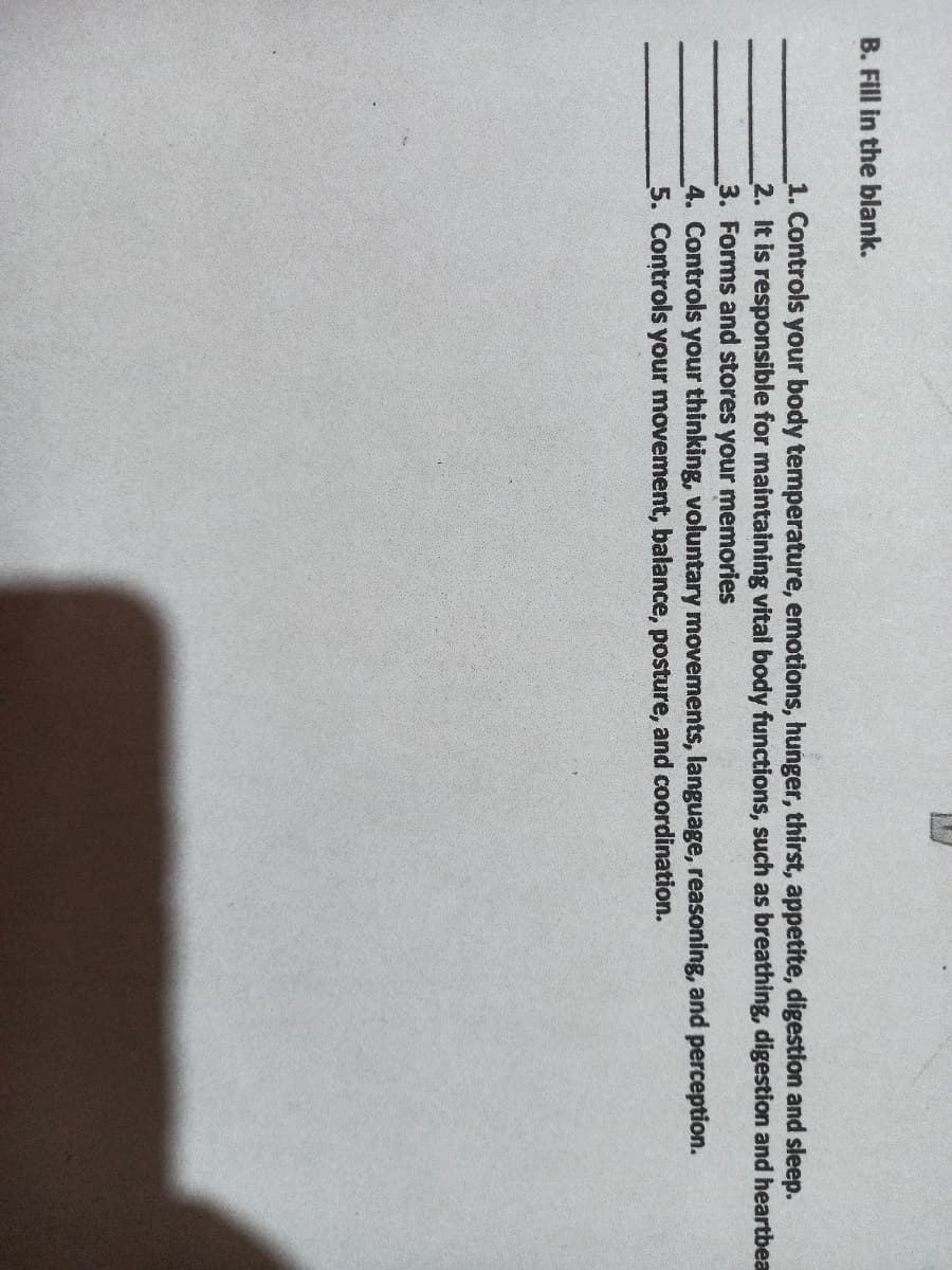 B. Fill in the blank.
1. Controls your body temperature, emotions, hunger, thirst, appetite, digestion and sleep.
2. It is responsible for maintaining vital body functions, such as breathing, digestion and heartbea
3. Forms and stores your memories
4. Controls your thinking, voluntary movements, language, reasoning, and perception.
5. Controls your movement, balance, posture, and coordination.
