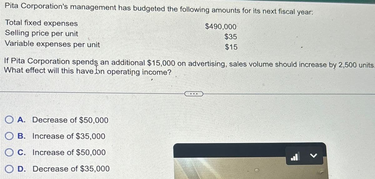 Pita Corporation's management has budgeted the following amounts for its next fiscal year:
Total fixed expenses
Selling price per unit
$490,000
$35
$15
Variable expenses per unit
If Pita Corporation spends an additional $15,000 on advertising, sales volume should increase by 2,500 units.
What effect will this have bon operating income?
OA. Decrease of $50,000
OB. Increase of $35,000
OC. Increase of $50,000
D. Decrease of $35,000
...