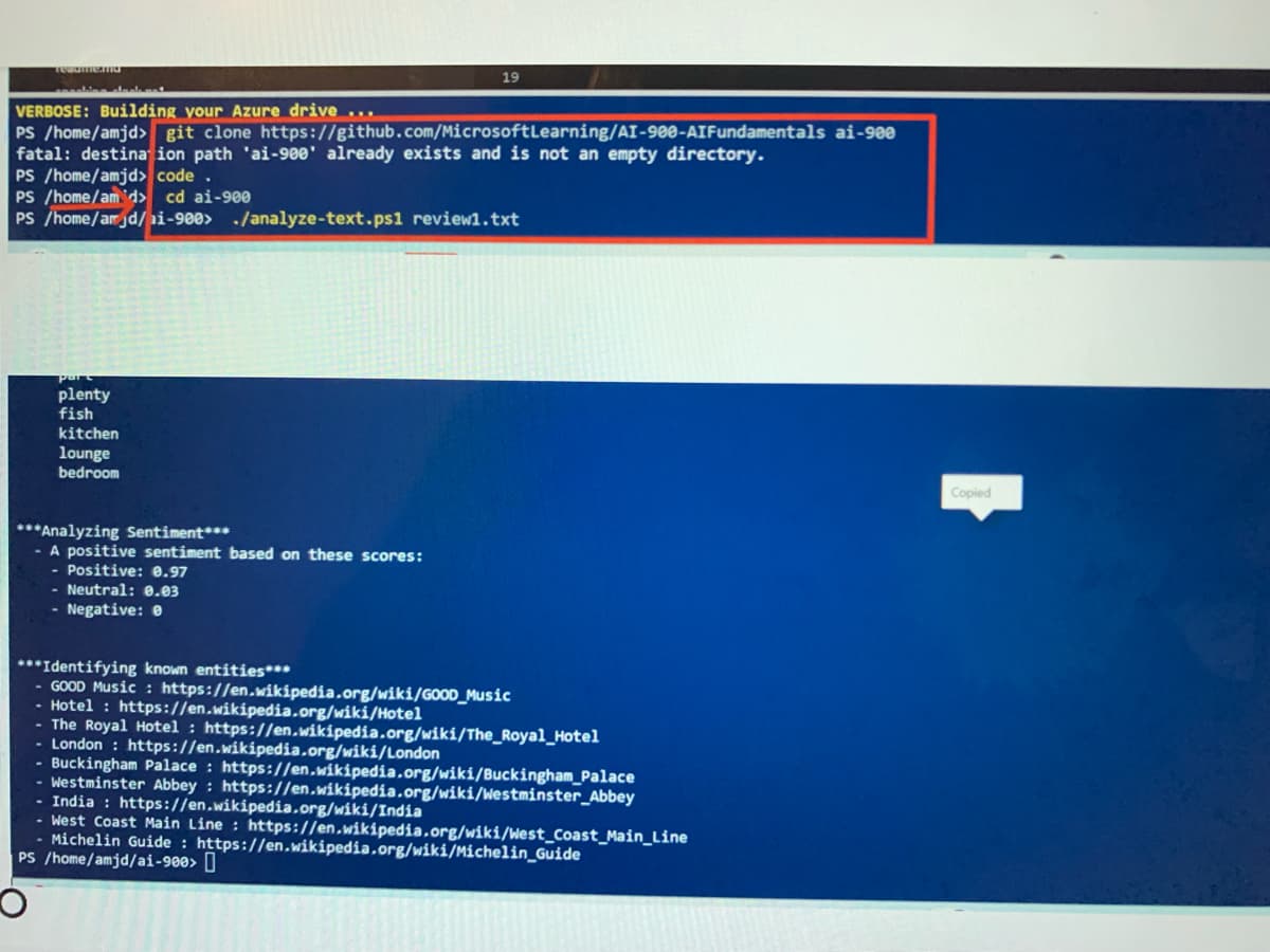 Tegomena
VERBOSE: Building your Azure drive ...
PS /home/amjd> git clone https://github.com/Microsoft Learning/AI-900-AIFundamentals ai-900
fatal: destination path 'ai-900 already exists and is not an empty directory.
PS /home/amjd> code.
PS /home/amid> cd ai-900
PS /home/amjd/i-900> /analyze-text.ps1 review1.txt
parc
plenty
fish
kitchen
lounge
bedroom
19
***Analyzing Sentiment***
- A positive sentiment based on these scores:
- Positive: 0.97
- Neutral: 0.03
- Negative: e
***Identifying known entities***
- GOOD Music: https://en.wikipedia.org/wiki/GOOD_Music
- Hotel: https://en.wikipedia.org/wiki/Hotel
The Royal Hotel: https://en.wikipedia.org/wiki/The_Royal Hotel
- London: https://en.wikipedia.org/wiki/London
Buckingham Palace: https://en.wikipedia.org/wiki/Buckingham Palace
- Westminster Abbey: https://en.wikipedia.org/wiki/Westminster_Abbey
India: https://en.wikipedia.org/wiki/India
- West Coast Main Line : https://en.wikipedia.org/wiki/West Coast_Main_Line
- Michelin Guide: https://en.wikipedia.org/wiki/Michelin Guide
PS /home/amjd/ai-900>
Copied