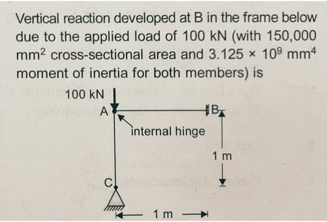 Vertical reaction developed at B in the frame below
due to the applied load of 100 kN (with 150,000
mm2 cross-sectional area and 3.125 x 109 mm4
moment of inertia for both members) is
100 kN
A
internal hinge
1 m
1 m
