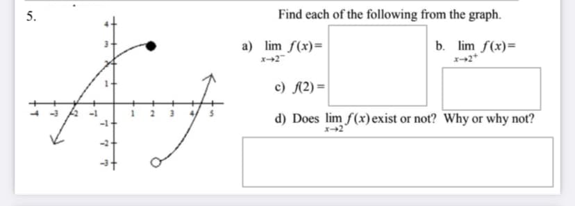 5.
Find each of the following from the graph.
a) lim f(x)=
b. lim f(x)=
c) A2) =
1 2 3
d) Does lim f(x)exist or not? Why or why not?
