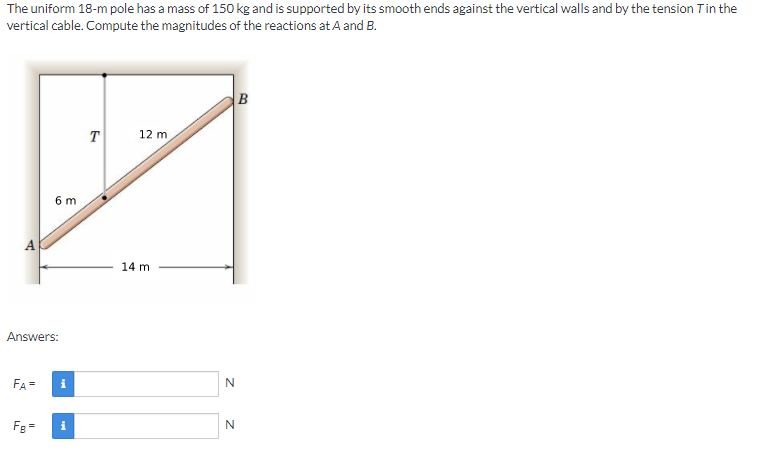 The uniform 18-m pole has a mass of 150 kg and is supported by its smooth ends against the vertical walls and by the tension Tin the
vertical cable. Compute the magnitudes of the reactions at A and B.
T
12 m
6 m
14 m
Answers:
FA =
i
Fg=
