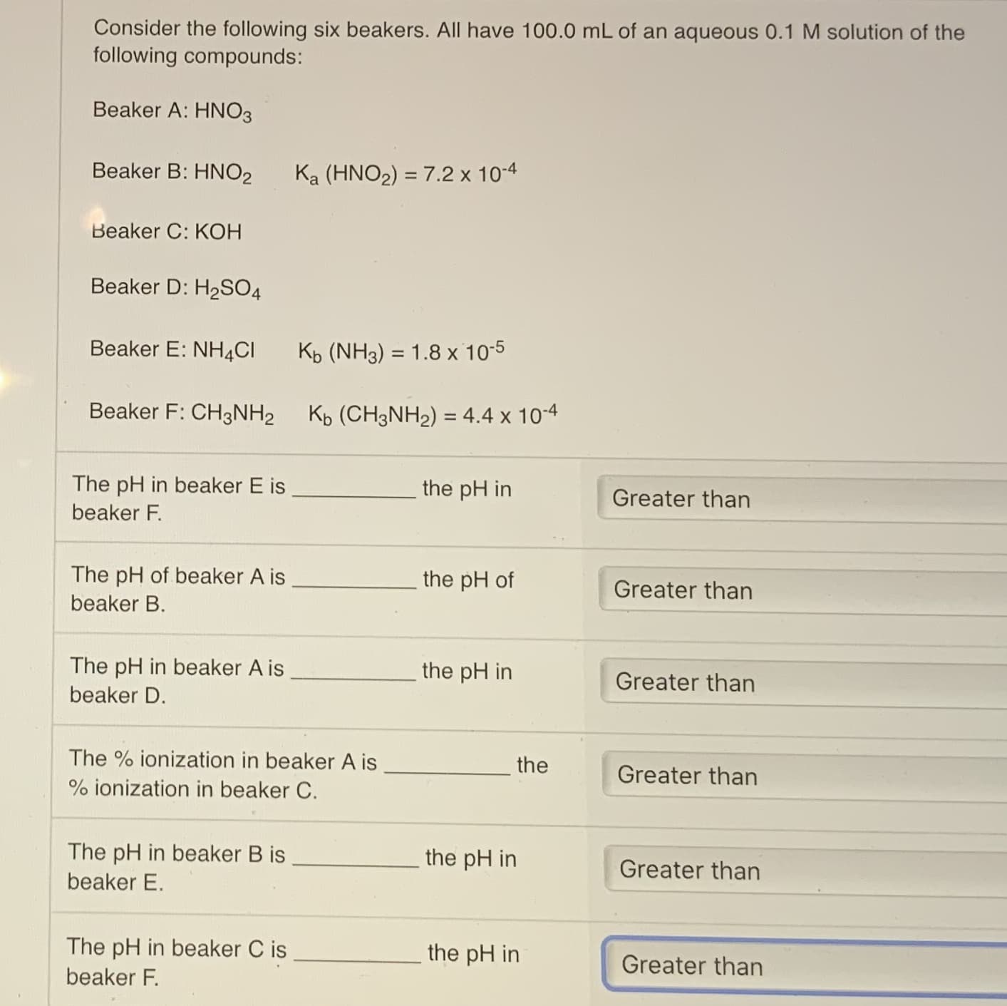 Consider the following six beakers. All have 100.0 mL of an aqueous 0.1 M solution of the
following compounds:
Beaker A: HNO3
Beaker B: HNO2
Ka (HNO2) = 7.2 x 10-4
Beaker C: KOH
Beaker D: H2SO4
Beaker E: NH4CI
Kb (NH3) = 1.8 x 10-5
Beaker F: CH3NH2
Kb (CH3NH2) = 4.4 x 10-4
%3D
