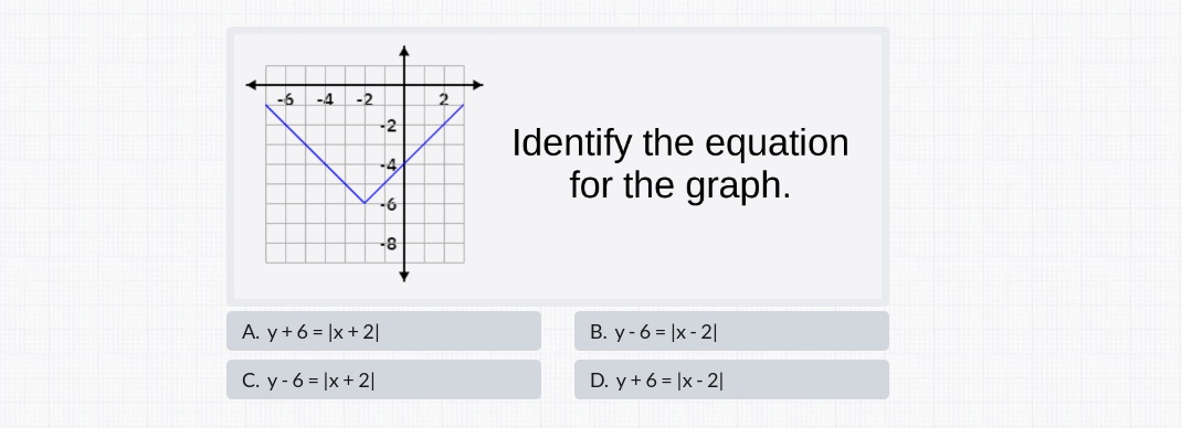 -6
-4 -2
-2
-4
-6
-8
A. y + 6 = |x + 21
C. y-6= |x + 21
2
Identify the equation
for the graph.
B. y-6 = |x-2|
D. y + 6 = |x-21