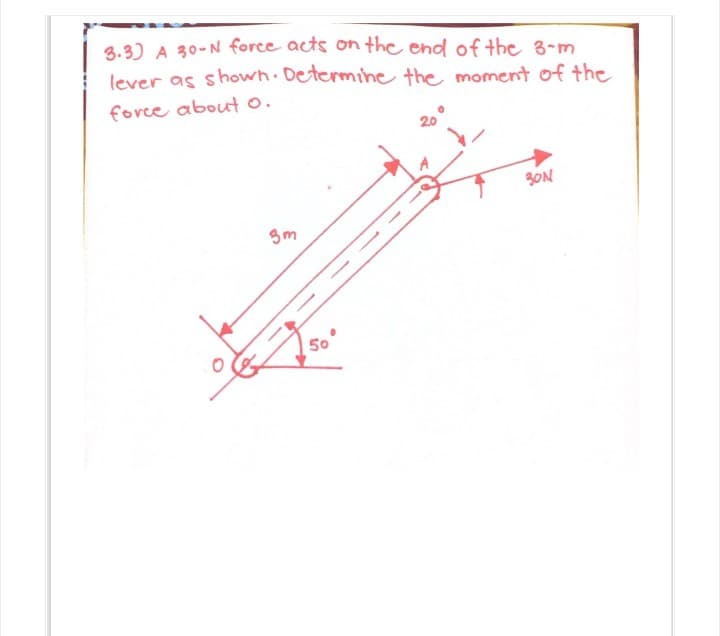 3.3) A 30-N force acts on the end of the 8-m
lever as showh. Determine the moment of the
force abouto.
20
SON
50
