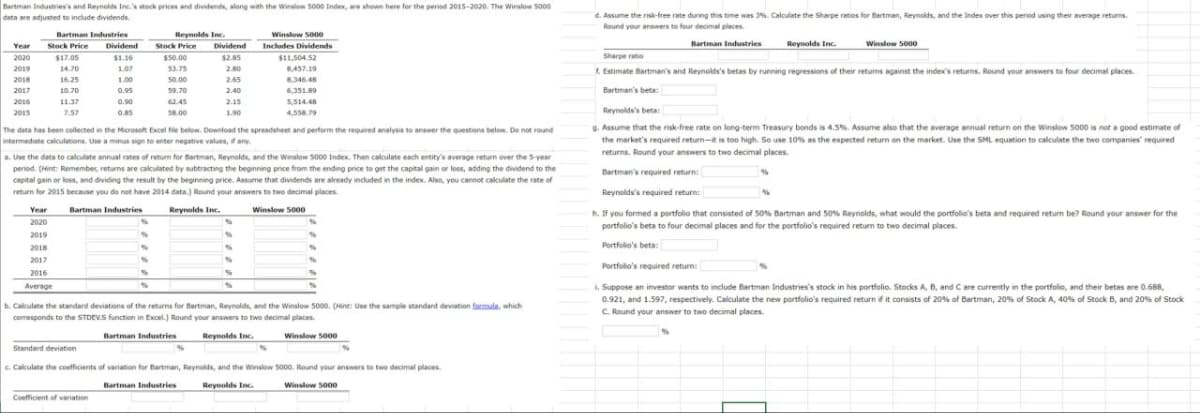 Bartman Industries's and Reynolds Inc.'s stock prices and dividends, along with the Winslow 5000 Index, are shown here for the period 2015-2020. The Winslow 5000
data are adjusted to include dividends.
d. Assume the risk-free rate during this time was 3%. Calculate the Sharpe ratios for Bartman, Reynolds, and the Index over this period using their average returns.
Round your answers to four decimal places.
Bartman Industries
Reynolds Inc.
Year
Stock Price
Dividend
Stock Price
2020
2019
$17.05
$1.16
$50.00
Dividend
$2.85
Winslow 5000
Includes Dividends
$11,504.52
14.70
1.07
53.75
2.80
8,457.19
2018
2017
2016
16.25
1.00
50.00
2.65
8,346.48
10.70
0.95
59.70
2.40
6,351.89
11.37
0.90
2015
7.57
62.45
58.00
2.15
1.90
5,514.48
4,558.79
Sharpe ratio
Bartman Industries
Reynolds Inc.
Winslow 5000
f. Estimate Bartman's and Reynolds's betas by running regressions of their returns against the index's returns. Round your answers to four decimal places.
Bartman's beta:
Reynolds's beta:
The data has been collected in the Microsoft Excel file below. Download the spreadsheet and perform the required analysis to answer the questions below. Do not round
intermediate calculations. Use a minus sign to enter negative values, if any.
a. Use the data to calculate annual rates of return for Bartman, Reynolds, and the Winslow 5000 Index. Then calculate each entity's average return over the 5-year
period. (Hint: Remember, returns are calculated by subtracting the beginning price from the ending price to get the capital gain or loss, adding the dividend to the
capital gain or loss, and dividing the result by the beginning price. Assume that dividends are already included in the index. Also, you cannot calculate the rate of
return for 2015 because you do not have 2014 data.) Round your answers to two decimal places.
Year
2020
2019
2018
2017
2016
Average
Bartman Industries
Reynolds Inc.
Winslow 5000
b. Calculate the standard deviations of the returns for Bartman, Reynolds, and the Winslow 5000. (Hint: Use the sample standard deviation formula, which
comesponds to the STDEVS function in Excel.) Round your answers to two decimal places.
g. Assume that the risk-free rate on long-term Treasury bonds is 4.5%. Assume also that the average annual return on the Winslow 5000 is not a good estimate of
the market's required return-it is too high. So use 10% as the expected return on the market. Use the SML equation to calculate the two companies' required
returns. Round your answers to two decimal places.
Bartman's required return:
Reynolds's required return:
h. If you formed a portfolio that consisted of 50% Bartman and 50% Reynolds, what would the portfolio's beta and required return be? Round your answer for the
portfolio's beta to four decimal places and for the portfolio's required return to two decimal places.
Portfolio's beta:
Portfolio's required return:
i. Suppose an investor wants to include Bartman Industries's stock in his portfolio. Stocks A, B, and C are currently in the portfolio, and their betas are 0.688,
0.921, and 1.597, respectively. Calculate the new portfolio's required return if it consists of 20% of Bartman, 20% of Stock A, 40% of Stock B, and 20% of Stock
C. Round your answer to two decimal places.
Standard deviation
Bartman Industries
Reynolds Inc.
%
Winslow 5000
c. Calculate the coefficients of variation for Bartman, Reynolds, and the Winslow 5000. Round your answers to two decimal places.
Bartman Industries
Coefficient of variation
Reynolds Inc.
Winslow 5000