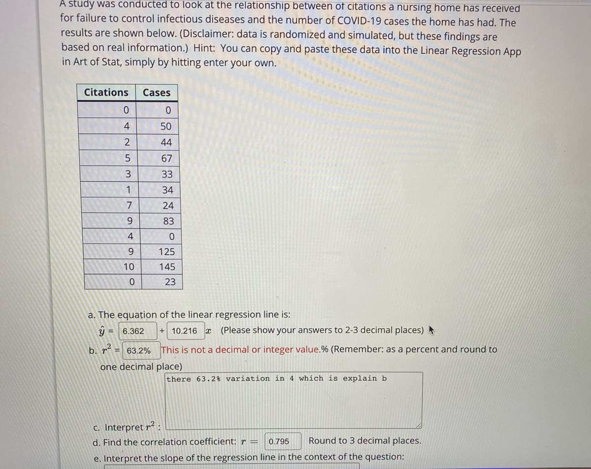 A study was conducted to look at the relationship between of citations a nursing home has received
for failure to control infectious diseases and the number of COVID-19 cases the home has had. The
results are shown below. (Disclaimer: data is randomized and simulated, but these findings are
based on real information.) Hint: You can copy and paste these data into the Linear Regression App
in Art of Stat, simply by hitting enter your own.
Citations
Cases
4
50
44
67
Ww.3
33
1
34
7
24
9.
83
4
9.
125
10
145
23
a. The equation of the linear regression line is:
y =
6.362
10.216 x (Please show your answers to 2-3 decimal places)
b. r2
63.2% This is not a decimal or integer value.% (Remember: as a percent and round to
%3D
one decimal place)
there 63.2% variation in 4 which is explain b
c. Interpret r²
d. Find the correlation coefficient: r =
0.795
Round to 3 decimal places.
e. Interpret the slope of the regression line in the context of the question:
