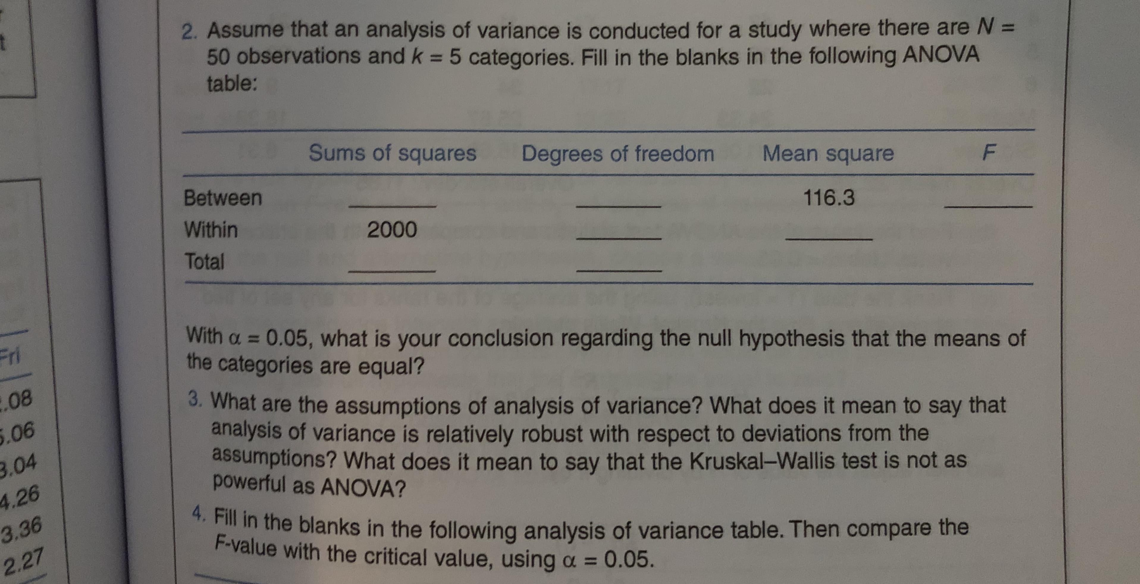 2. Assume that an analysis of variance is conducted for a study where there are N =
50 observations and k = 5 categories. Fill in the blanks in the following ANOVA
table:
%3D
%3D
Sums of squares
Degrees of freedom
Mean square
Between
Within
116.3
2000
Total
With a = 0.05, what is your conclusion regarding the null hypothesis that the means of
the categories are equal?
Fri
%3D
08
5.06
3.04
4.26
3.36
3. What are the assumptions of analysis of variance? What does it mean to say that
analysis of variance is relatively robust with respect to deviations from the
assumptions? What does it mean to say that the Kruskal-Wallis test is not as
powerful as ANOVA?
* Fil in the blanks in the following analysis of variance table. Then compare the
F-value with the critical value, using a = 0.05.
2.27
