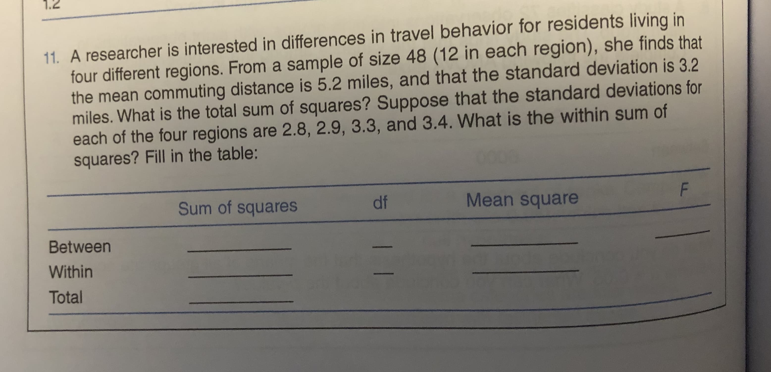 1.2
11. A researcher is interested in differences in travel behavior for residents living in
four different regions. From a sample of size 48 (12 in each region), she finds that
the mean commuting distance is 5.2 miles, and that the standard deviation is 3.2
miles. What is the total sum of squares? Suppose that the standard deviations for
each of the four regions are 2.8, 2.9, 3.3, and 3.4. What is the within sum of
squares? Fill in the table:
Sum of squares
df
Mean square
Between
Within
Total
LL.
