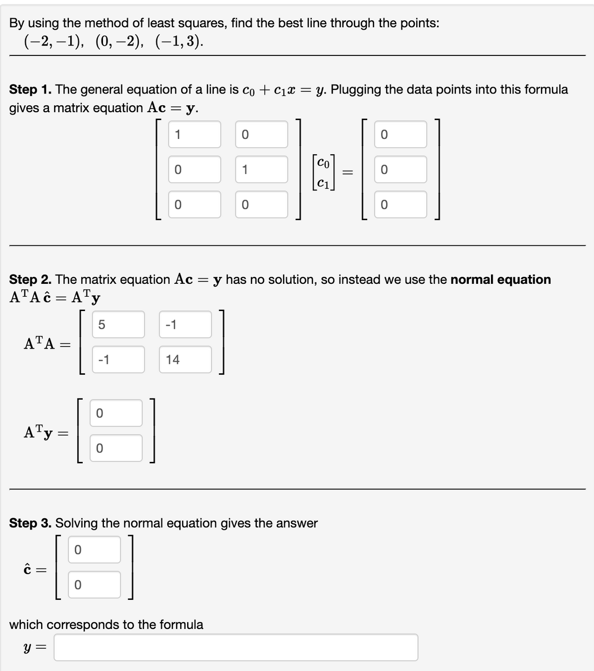 By using the method of least squares, find the best line through the points:
(−2,−1), (0,−2), (−1,3).
Step 1. The general equation of a line is co + C₁x = y. Plugging the data points into this formula
gives a matrix equation Ac = y.
1
0
0
0
1
0
=
0
0
0
Step 2. The matrix equation Ac = y has no solution, so instead we use the normal equation
ATAC = A¹y
5
-1
ATA =
14
0
ATy
0
Step 3. Solving the normal equation gives the answer
0
18
which corresponds to the formula
y =
=
=
-1