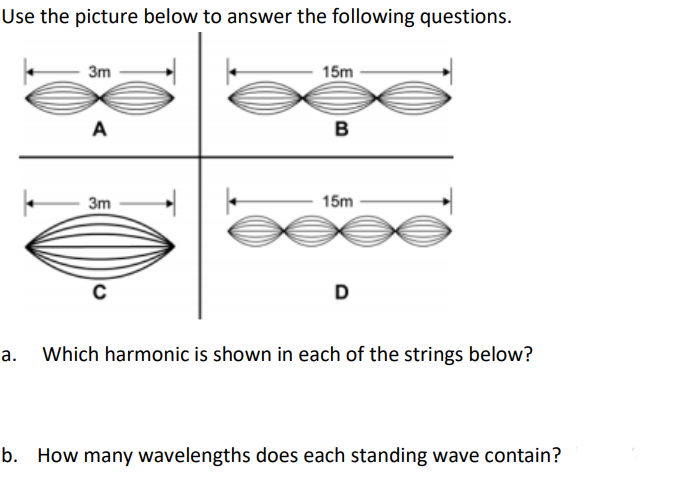 Use the picture below to answer the following questions.
3m
A
3m
15m
B
15m
D
a. Which harmonic is shown in each of the strings below?
b. How many wavelengths does each standing wave contain?