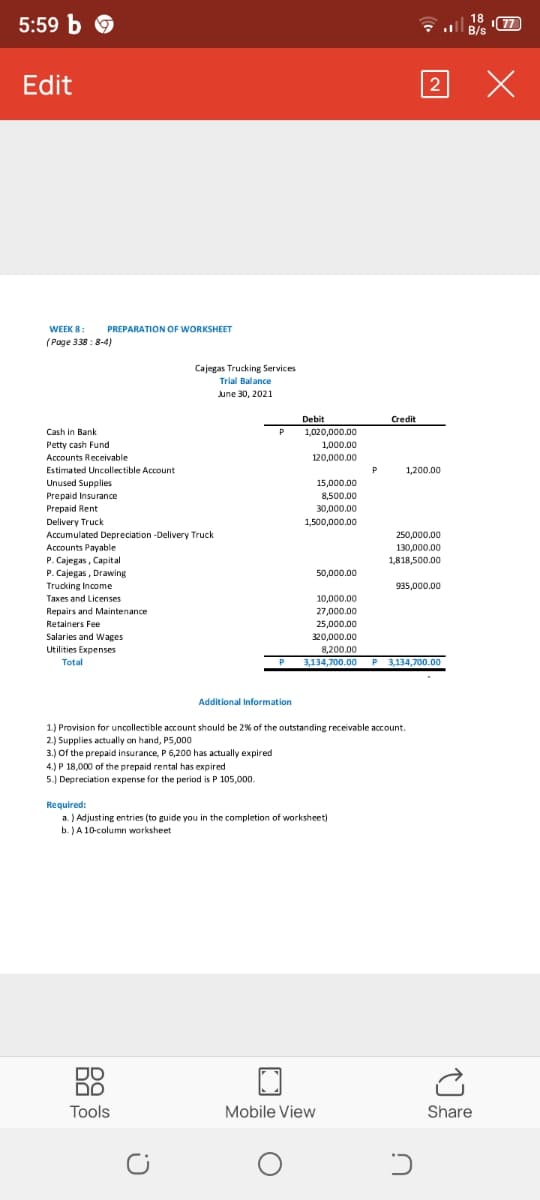 5:59 b
18
77
* l B/s
Edit
2
WEEK 8:
PREPARATION OF WORKSHEET
(Page 338 : 8-4)
Cajegas Trucking Services
Trial Balance
June 30, 2021
Debit
Credit
1,020,000.00
Cash in Bank
Petty cash Fund
Accounts Receivable
P
1,000.00
120,000.00
Estimated Uncollectible Account
1,200.00
Unused Supplies
Prepaid Insurance
Prepaid Rent
15,000.00
8,500.00
30,000.00
Delivery Truck
Accumulated Depreciation -Delivery Truck
Accounts Payable
P. Cajegas, Capital
P. Cajegas , Drawing
1,500,000.00
250,000.00
130,000.00
1,818,500.00
50,000.00
Trucking Income
Taxes and Licenses
935,000.00
10,000.00
Repairs and Maintenance
27,000.00
Retainers Fee
25,000.00
Salaries and Wages
Utilities Expenses
320,000.00
8,200.00
Total
3.134,700.00
P 3.134.70o0.00
Additional Information
1.) Provision for uncollectible account should be 2% of the outstanding receivable account.
2.) Supplies actually on hand, P5,000
3.) Of the prepaid insurance, P 6,200 has actually expired
4.) P 18,000 of the prepaid rental has expired
5.) Depreciation expense for the period is P 105,000.
Required:
a. ) Adjusting entries (to guide you in the completion of worksheet)
b. ) A 10-column worksheet
DO
Tools
Mobile View
Share
