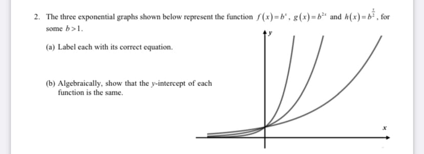 2. The three exponential graphs shown below represent the function f(x)=b*, g(x)=b²* and h(x) = b² , for
some b>1.
(a) Label each with its correct equation.
(b) Algebraically, show that the y-intercept of each
function is the same.
