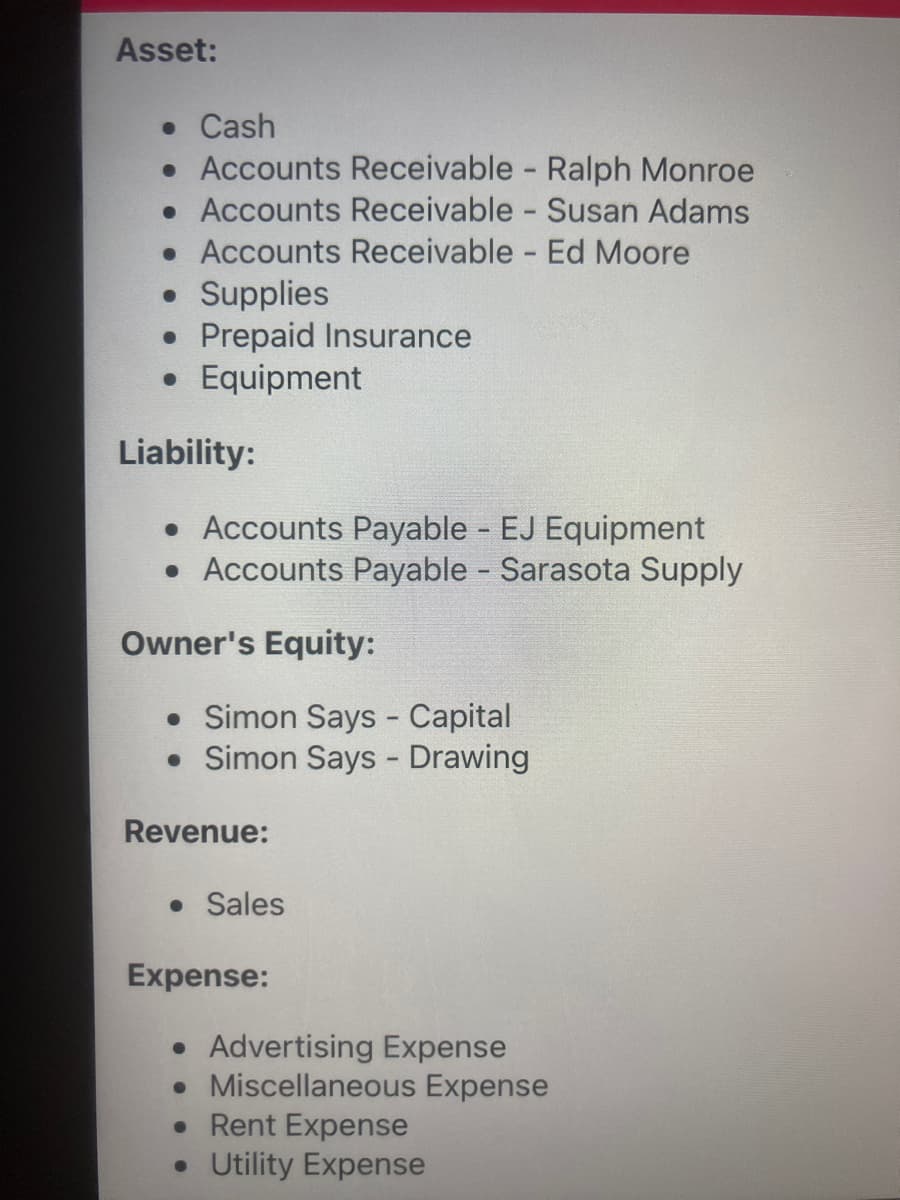 Asset:
• Cash
• Accounts Receivable Ralph Monroe
• Accounts Receivable Susan Adams
• Accounts Receivable Ed Moore
• Supplies
Prepaid Insurance
Equipment
Liability:
• Accounts Payable - EJ Equipment
• Accounts Payable Sarasota Supply
Owner's Equity:
• Simon Says - Capital
• Simon Says - Drawing
Revenue:
• Sales
Expense:
• Advertising Expense
• Miscellaneous Expense
• Rent Expense
• Utility Expense
