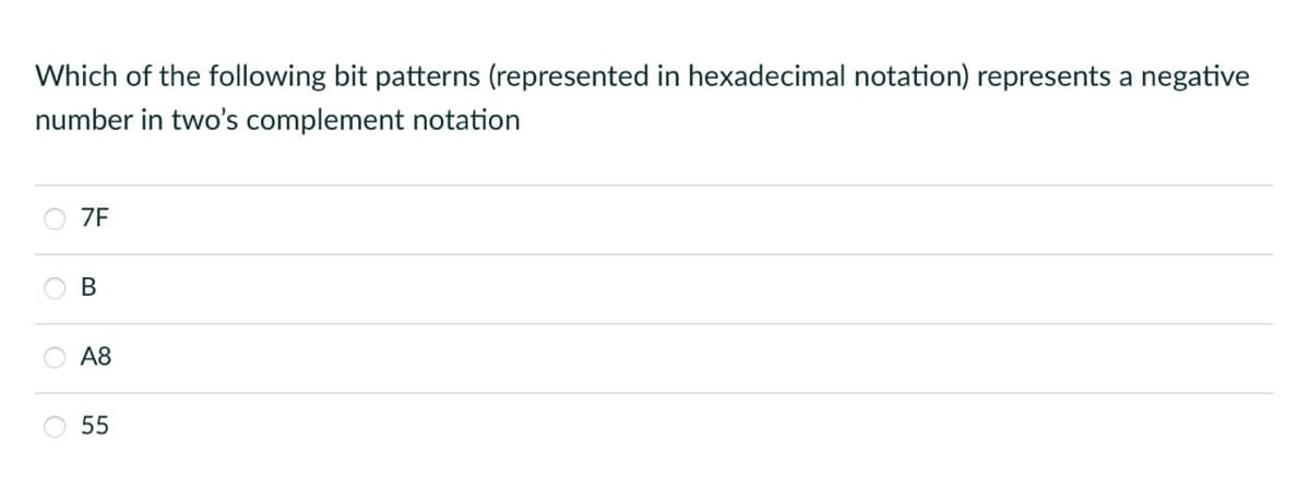 Which of the following bit patterns (represented in hexadecimal notation) represents a negative
number in two's complement notation
7F
B
A8
55
OO