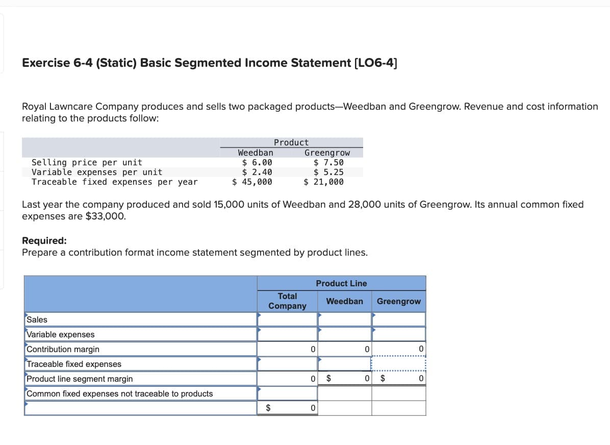 Exercise 6-4 (Static) Basic Segmented Income Statement [LO6-4]
Royal Lawncare Company produces and sells two packaged products-Weedban and Greengrow. Revenue and cost information
relating to the products follow:
Selling price per unit
Variable expenses per unit
Traceable fixed expenses per year
Weedban
$6.00
$2.40
$ 45,000
Sales
Variable expenses
Contribution margin
Traceable fixed expenses
Product line segment margin
Common fixed expenses not traceable to products
Product
Last year the company produced and sold 15,000 units of Weedban and 28,000 units of Greengrow. Its annual common fixed
expenses are $33,000.
Greengrow
$ 7.50
$5.25
$ 21,000
Required:
Prepare a contribution format income statement segmented by product lines.
$
Total
Company
0
0
0
Product Line
Weedban
$
0
0
Greengrow
$
0
0