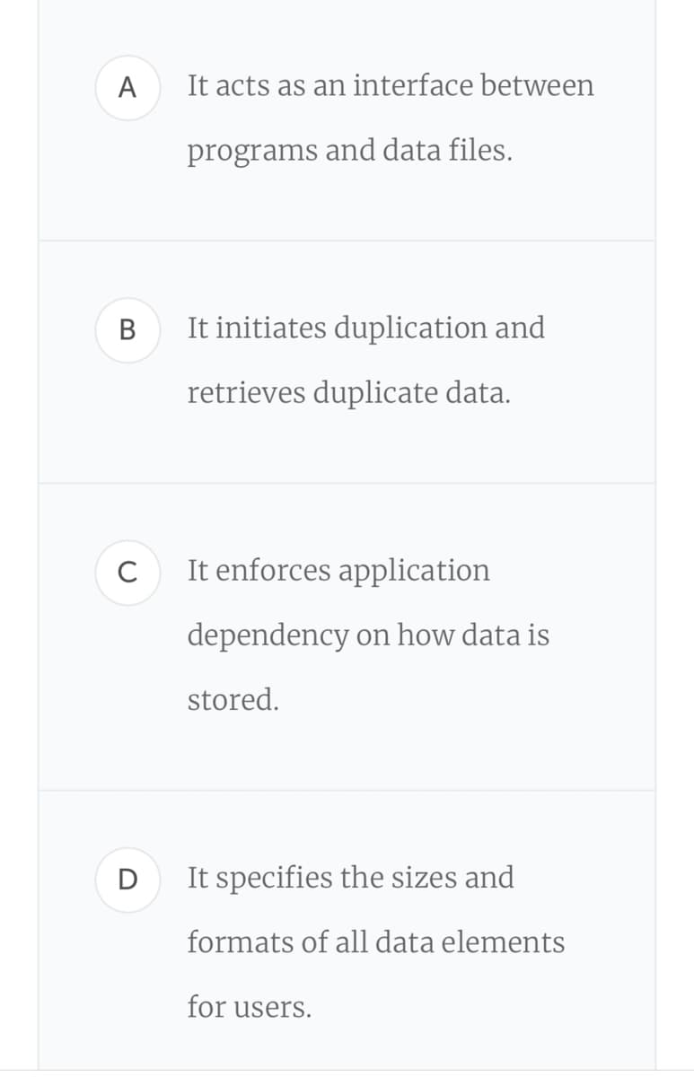 A
It acts as an interface between
programs and data files.
It initiates duplication and
retrieves duplicate data.
C
It enforces application
dependency on how data is
stored.
D
It specifies the sizes and
formats of all data elements
for users.
