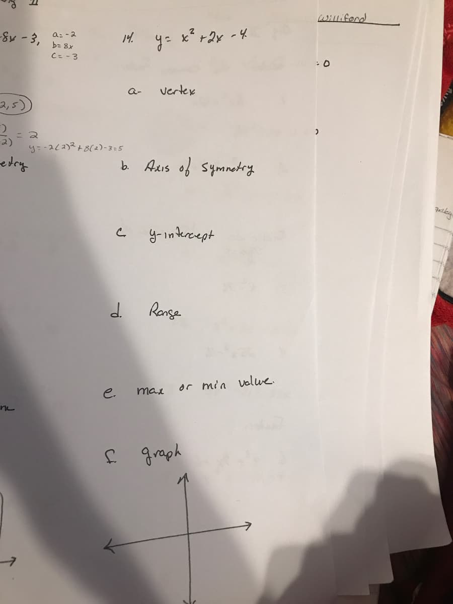 Williford
-8y -3. a:-ス
b= 8x
14.
y= x +2x -4
C= -3
:0
a-
vertex
2,5)
= 2
y= -2c2)2+8(2)-3:5
edry
b. Axis of symnetry
y-intercept
Range
e.
or min volwe.
max
f graph
