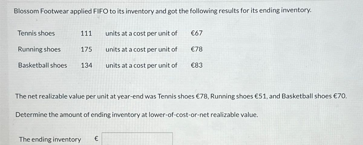 Blossom Footwear applied FIFO to its inventory and got the following results for its ending inventory.
Tennis shoes
Running shoes
Basketball shoes
111 units at a cost per unit of
units at a cost per unit of
units at a cost per unit of
175
134
The ending inventory
€67
€
€78
The net realizable value per unit at year-end was Tennis shoes €78, Running shoes €51, and Basketball shoes €70.
Determine the amount of ending inventory at lower-of-cost-or-net realizable value.
€83