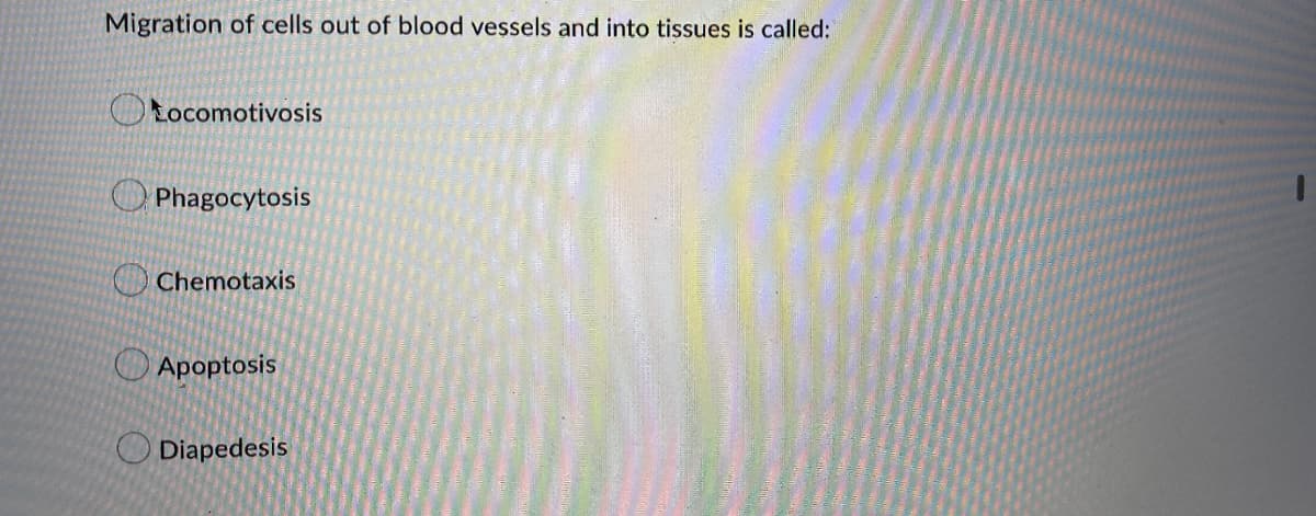 Migration of cells out of blood vessels and into tissues is called:
Locomotivosis
Phagocytosis
Chemotaxis
Apoptosis
Diapedesis